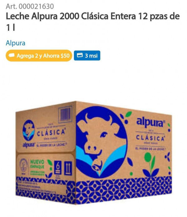 Oferta $16 en Sam's Club ? Leche Alpura Entera 2000 (Precio por litro al  comprar dos paquetes de 12L)